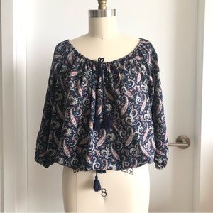 Denim & Supply Ralph Lauren Boho Peasant Top Paisley Print Navy Blue